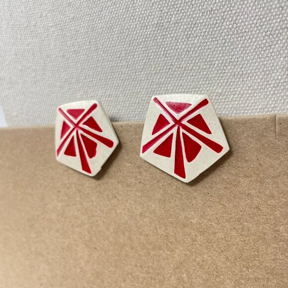 Vintage 80's Earrings‎ Graphic Bright Statement Red Geometric Asian Artsy - Picture 2 of 8